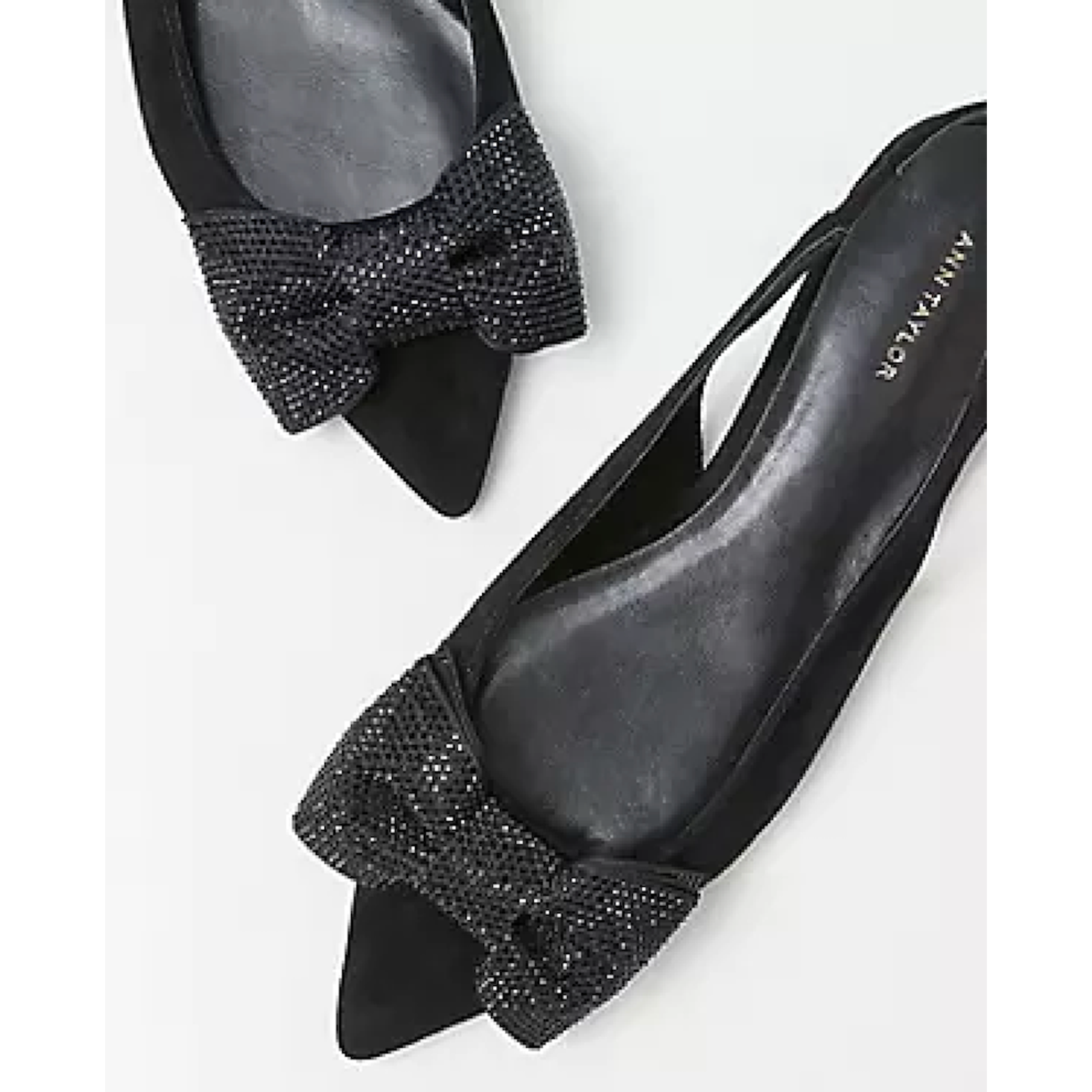 Ann Taylor Black Crystal Rhinestone Bow Pointy Toe Suede Slingback Flats Shoes 9 — image 3 of 7